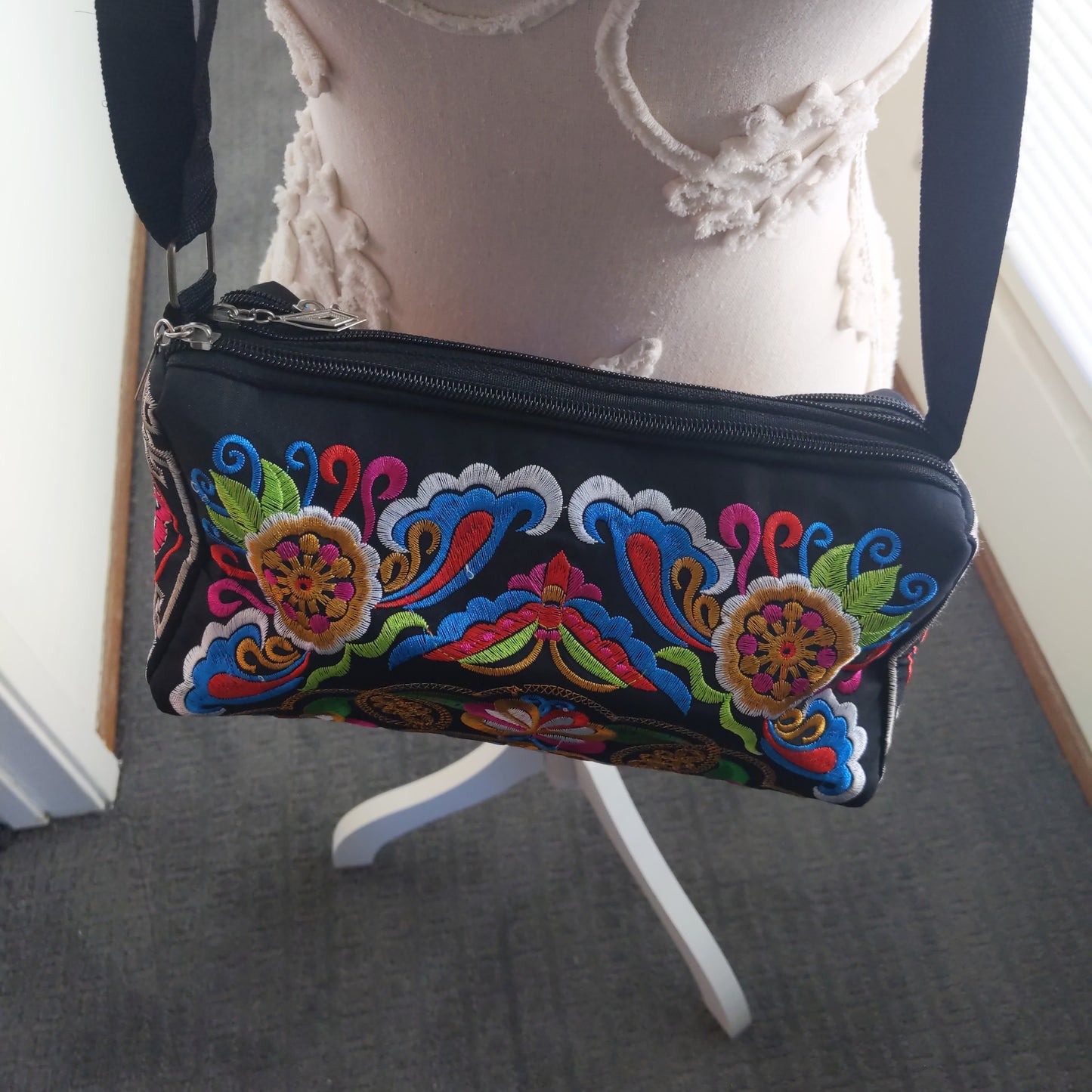 Flowered Black Drum Handbag
