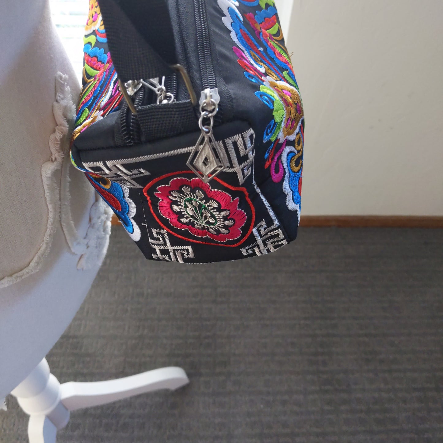 Flowered Black Drum Handbag
