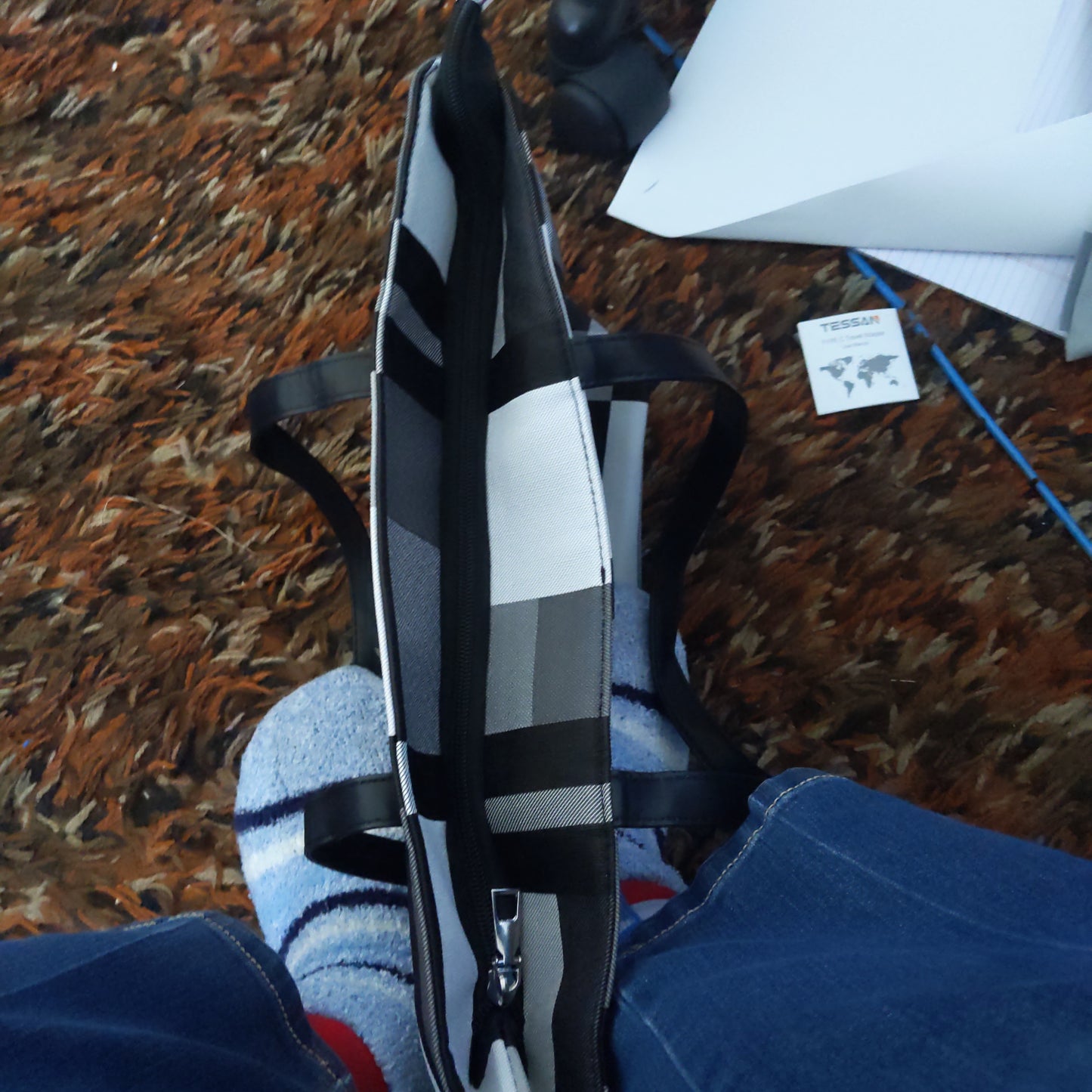 Black Plaid With White Tote Bag