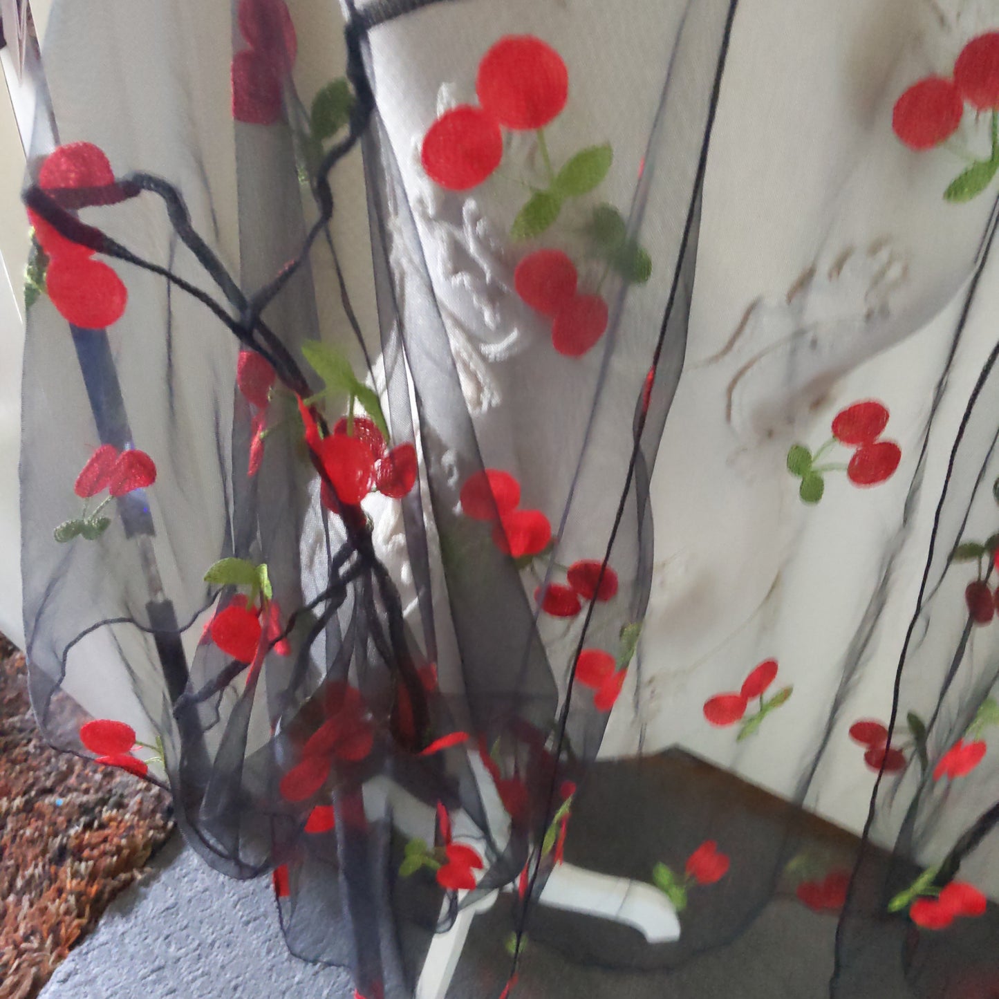 Sheer Black with Red Cherries Sleeved CoverUp for Plus Women