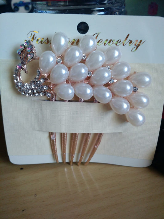 Peacock Rhinestone Pearl Hair Comb-NEW