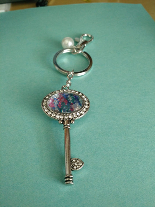 Austrian Crystal Silver Key-Keychain-NEW