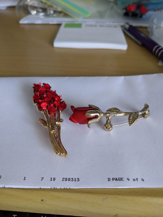 Vintage Red Rose Duo Brooches