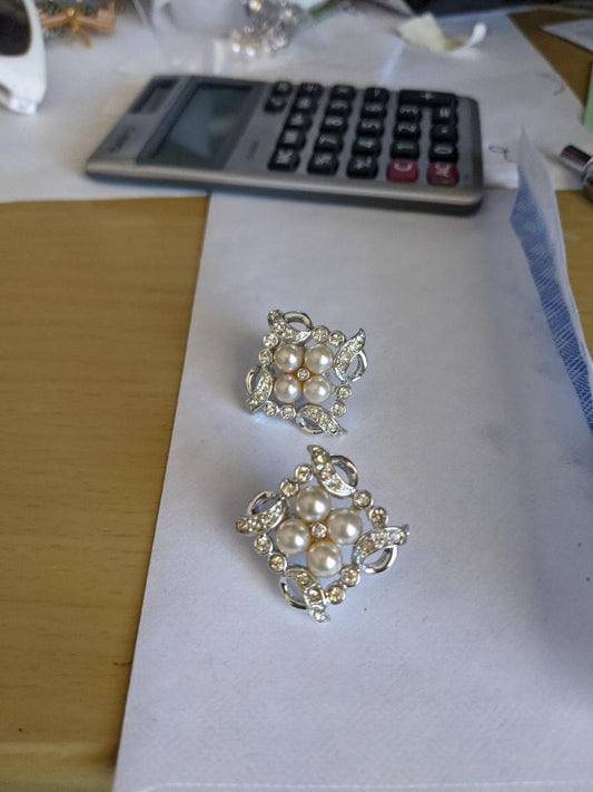 Vintage Square Pearl Rhinestone Clip Earrings