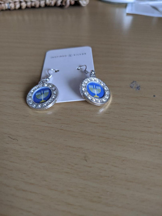 Silver Menorah Round Earrings-NEW
