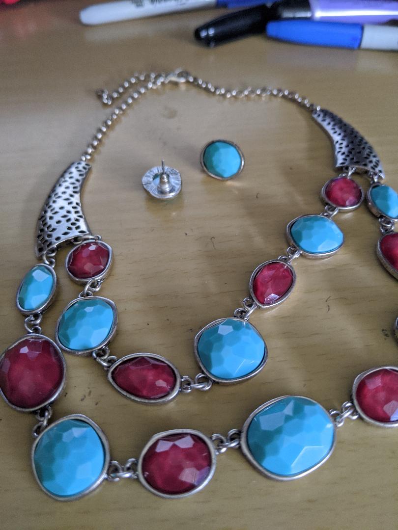 Large Two Strand Silver and Colorful Necklace Set