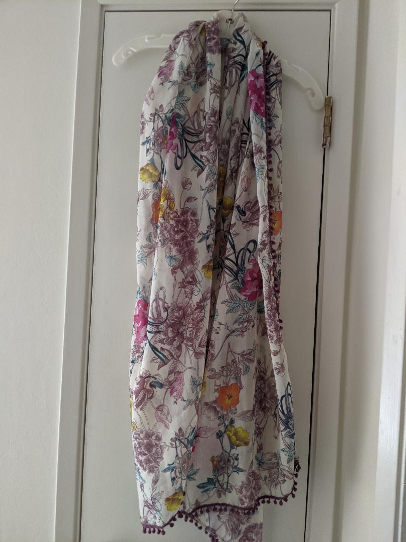 Pink and Yellow Flowered Wide Scarf with Fringes