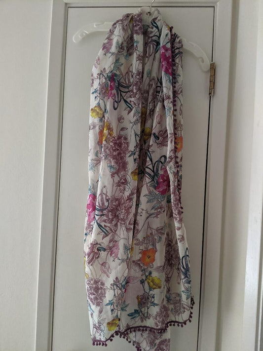 Pink and Yellow Flowered Wide Scarf with Fringes