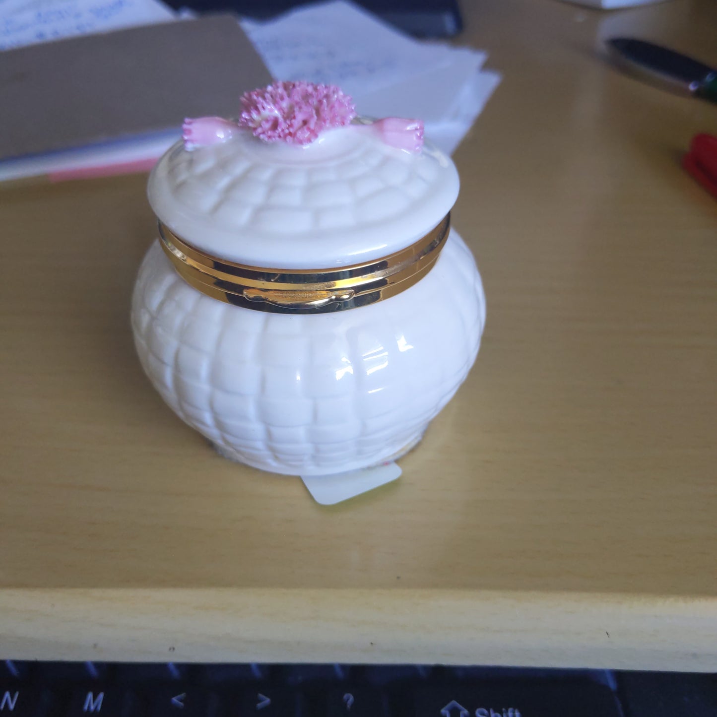 Ivory Round Hinge Box with Pink Flowers