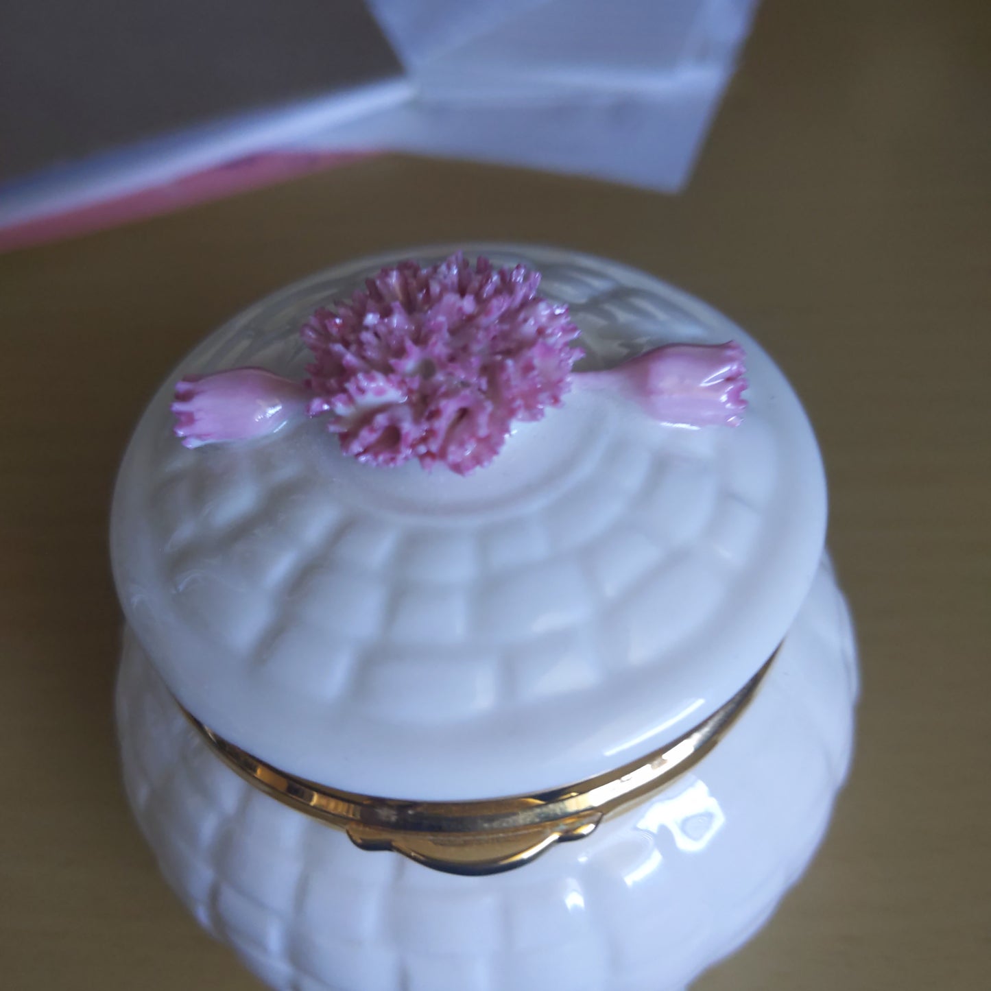 Ivory Round Hinge Box with Pink Flowers