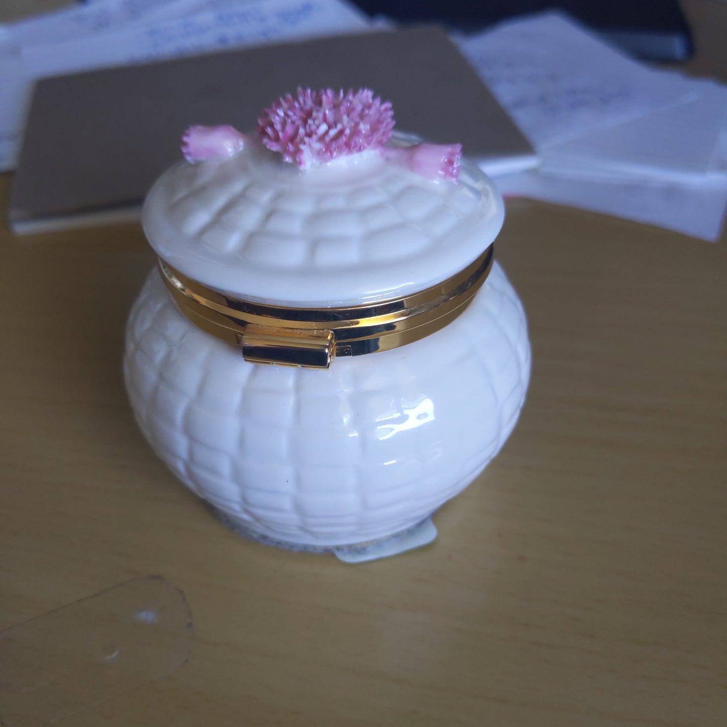 Ivory Round Hinge Box with Pink Flowers