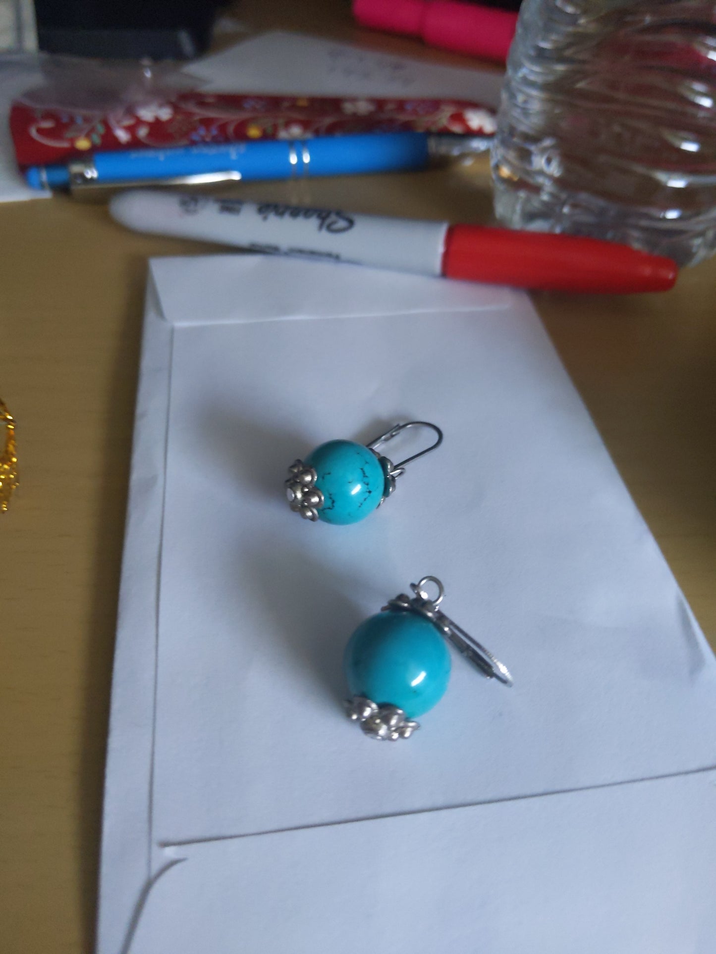 Lever Back Teal Color Ball Earrings