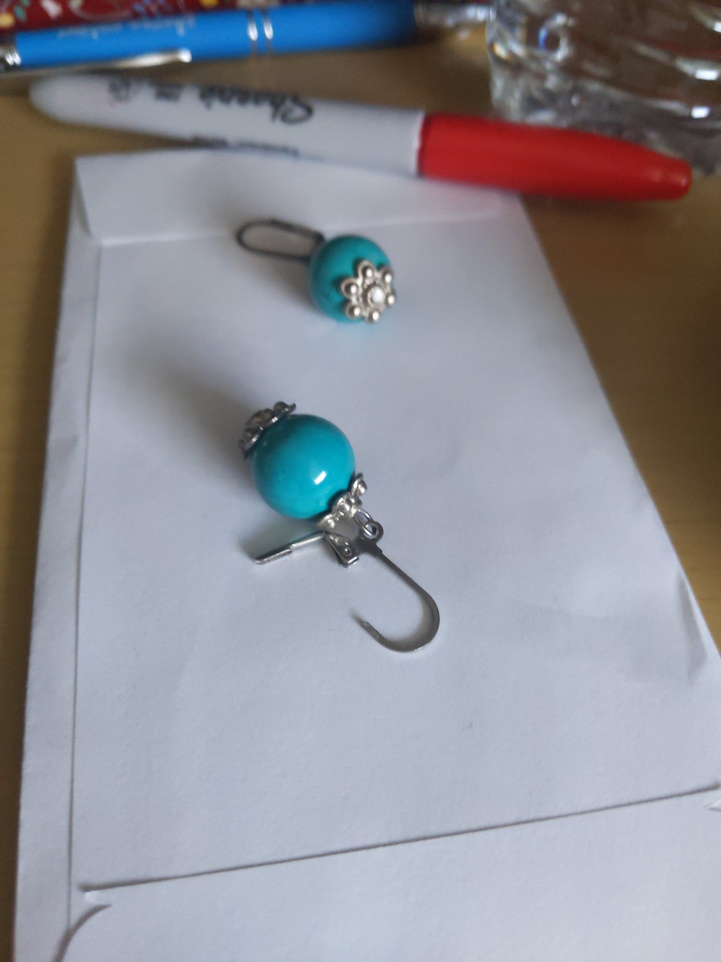 Lever Back Teal Color Ball Earrings