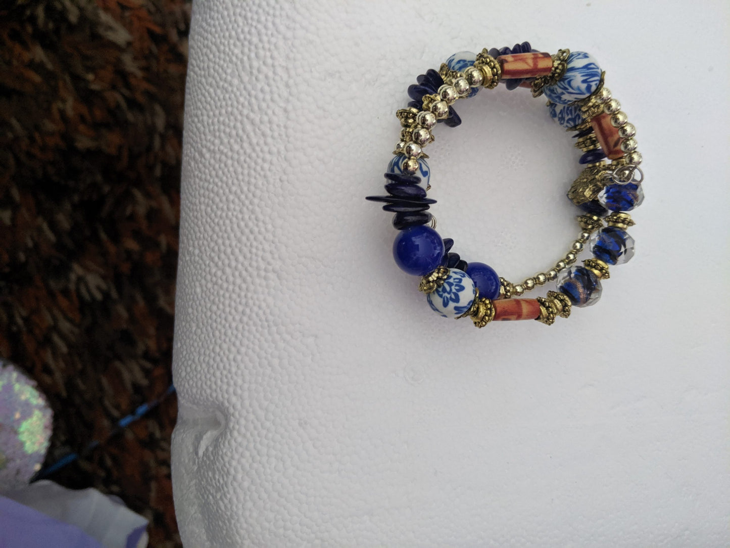 Blue Wrapped Around Beads with Gold Bracelet-NEW