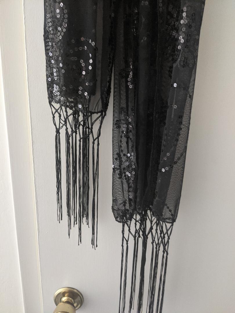 Black Fancy Sequin Scarf with Fringes-NEW
