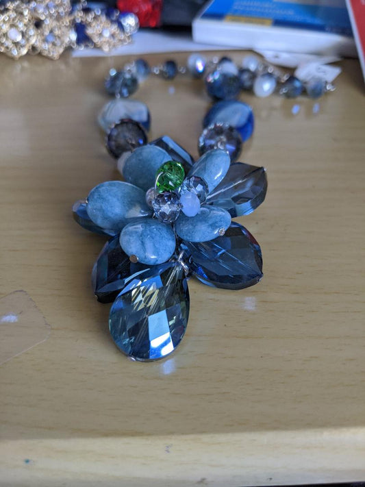 Big Flowered Beaded Blue Statement Necklace