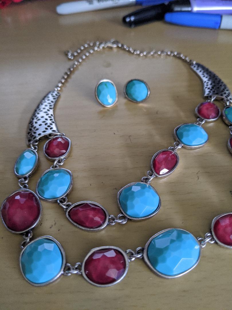 Large Two Strand Silver and Colorful Necklace Set