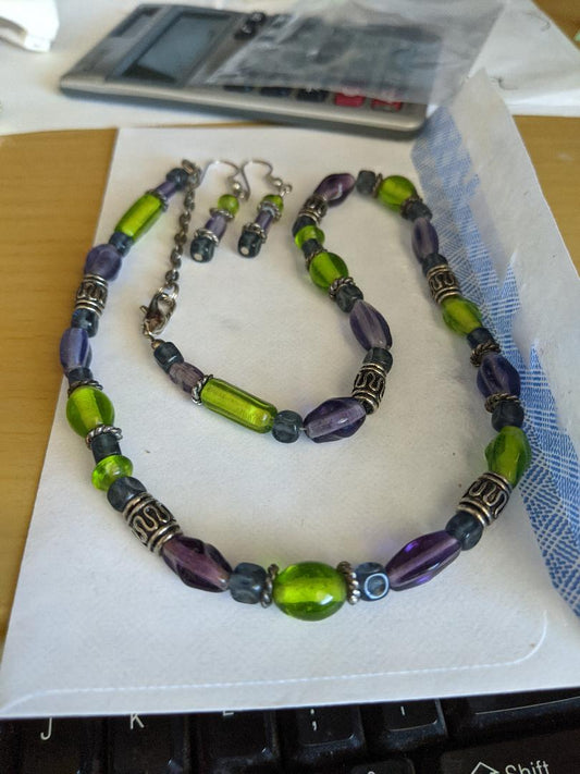 Lime Green and Purple Beaded Necklace Set
